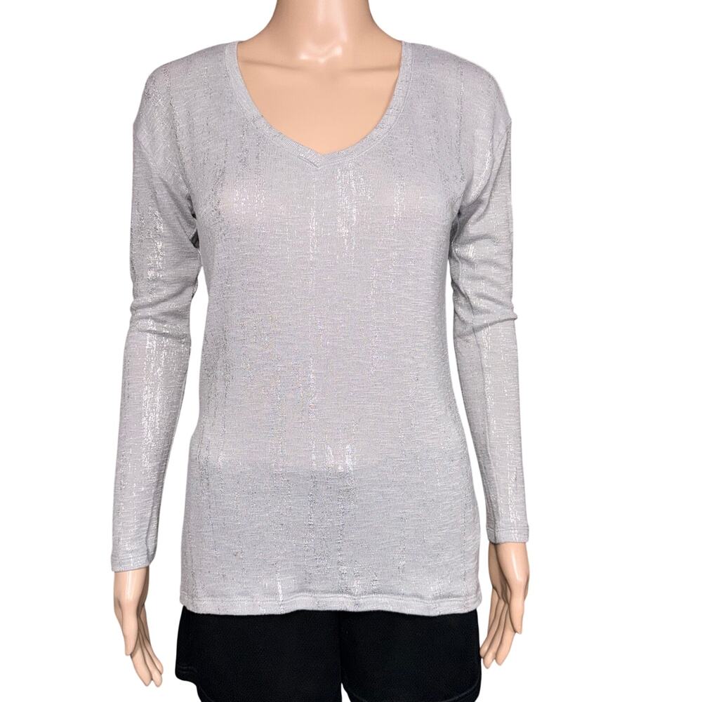 Rock & Republic Womens T Shirt Top Long Sleeve Pullover V Neck Silver Gray Small